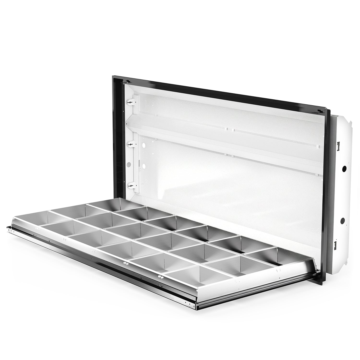 Open parabolic troffer housing. 2x4 troffer with parabolic louver hinged down, white housing and black frame up and open on white background