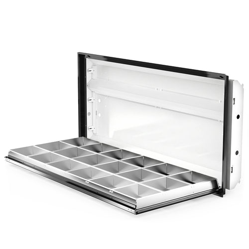 Open parabolic troffer housing. 2x4 troffer with parabolic louver hinged down, white housing and black frame up and open on white background