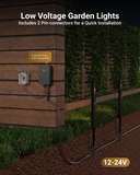 Low-voltage garden lights connected to a transformer and switch on the wall, and a 12- 24V underground power hookup