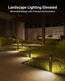 Garden lights provide landscape accent lighting on the garden and path of a home at night
