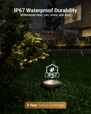 Sunco in-ground garden lights are IP67 rated for waterproof durability that withstands hear, rain, snow, and dust.