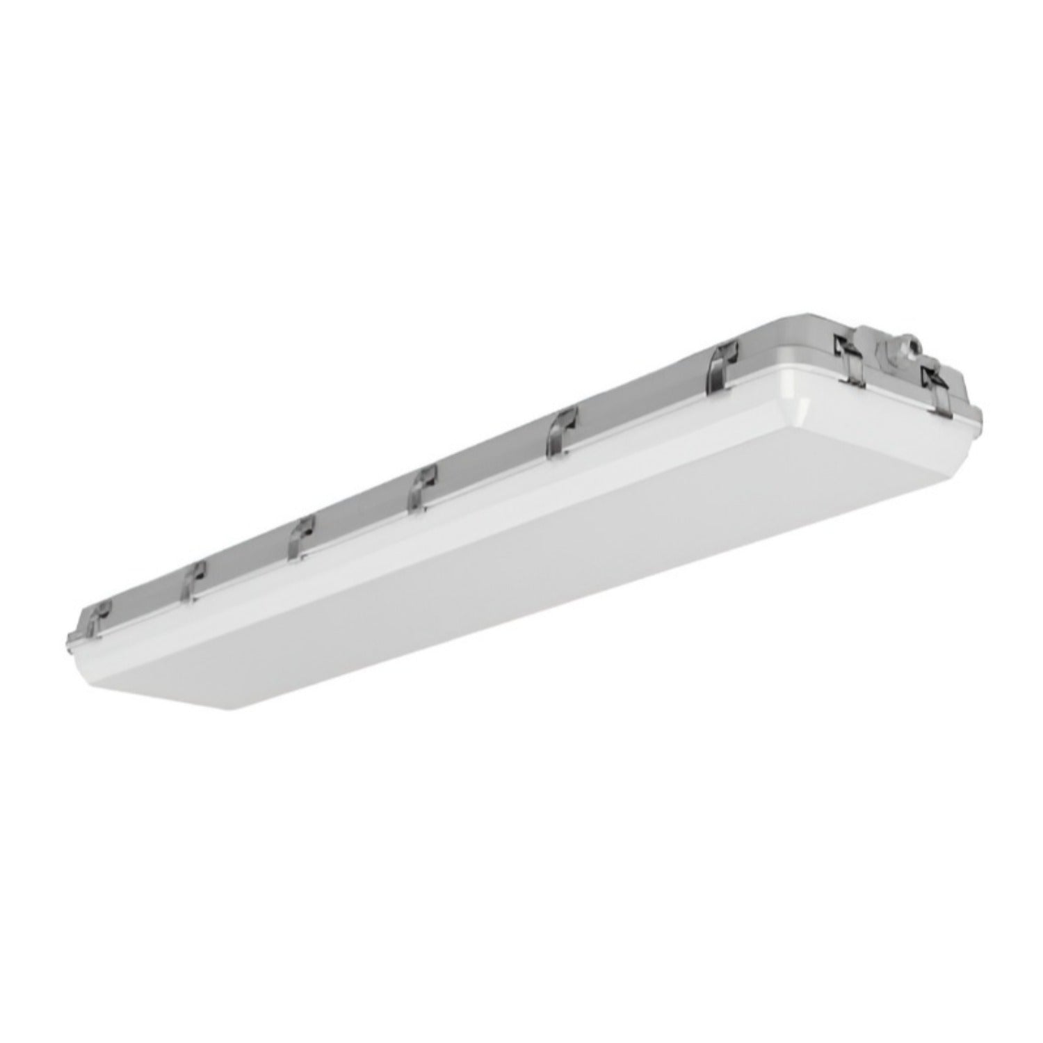 A long rectangular industrial ceiling light fixture with a white diffuser and silver metal mounting brackets, shown at an angle on a plain white background.