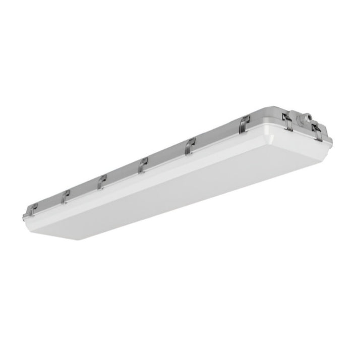 A long rectangular industrial ceiling light fixture with a white diffuser and silver metal mounting brackets, shown at an angle on a plain white background.