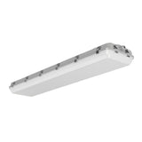 A long rectangular industrial ceiling light fixture with a white diffuser and silver metal mounting brackets, shown at an angle on a plain white background.