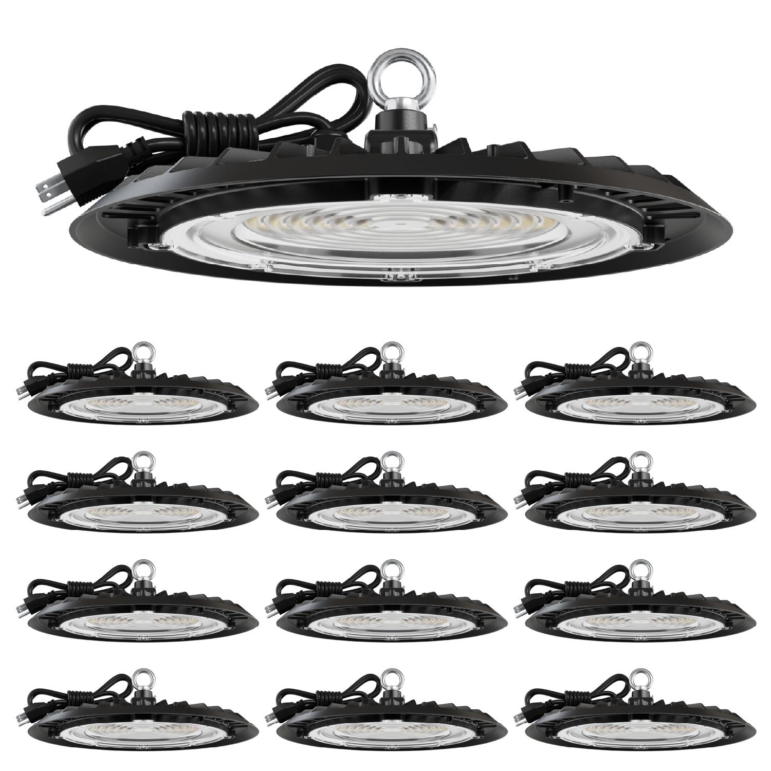 Black UFO high bay LED in foreground with 12 smaller matching lights arranged in a grid