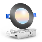 Front view of Sunco 4-inch black slim recessed light displaying ultra-thin profile, smooth trim, blue mounting clips and metal junction box.