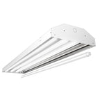 The 4ft LED Ready High Bay Light Fixture features a prismatic lens for low-glare illumination, non-shunted sockets, and dual-end pre-wiring for optimal lighting performance.