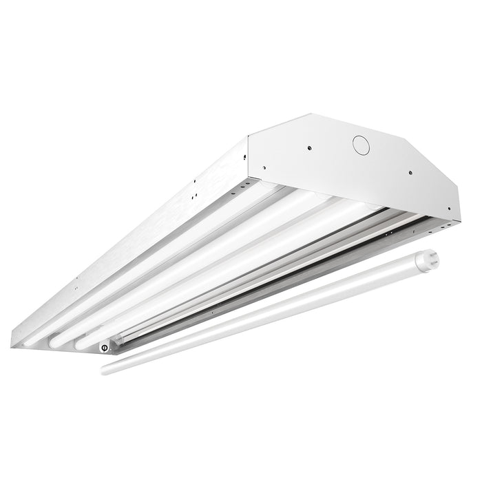 The 4ft LED Ready High Bay Light Fixture features a prismatic lens for low-glare illumination, non-shunted sockets, and dual-end pre-wiring for optimal lighting performance.