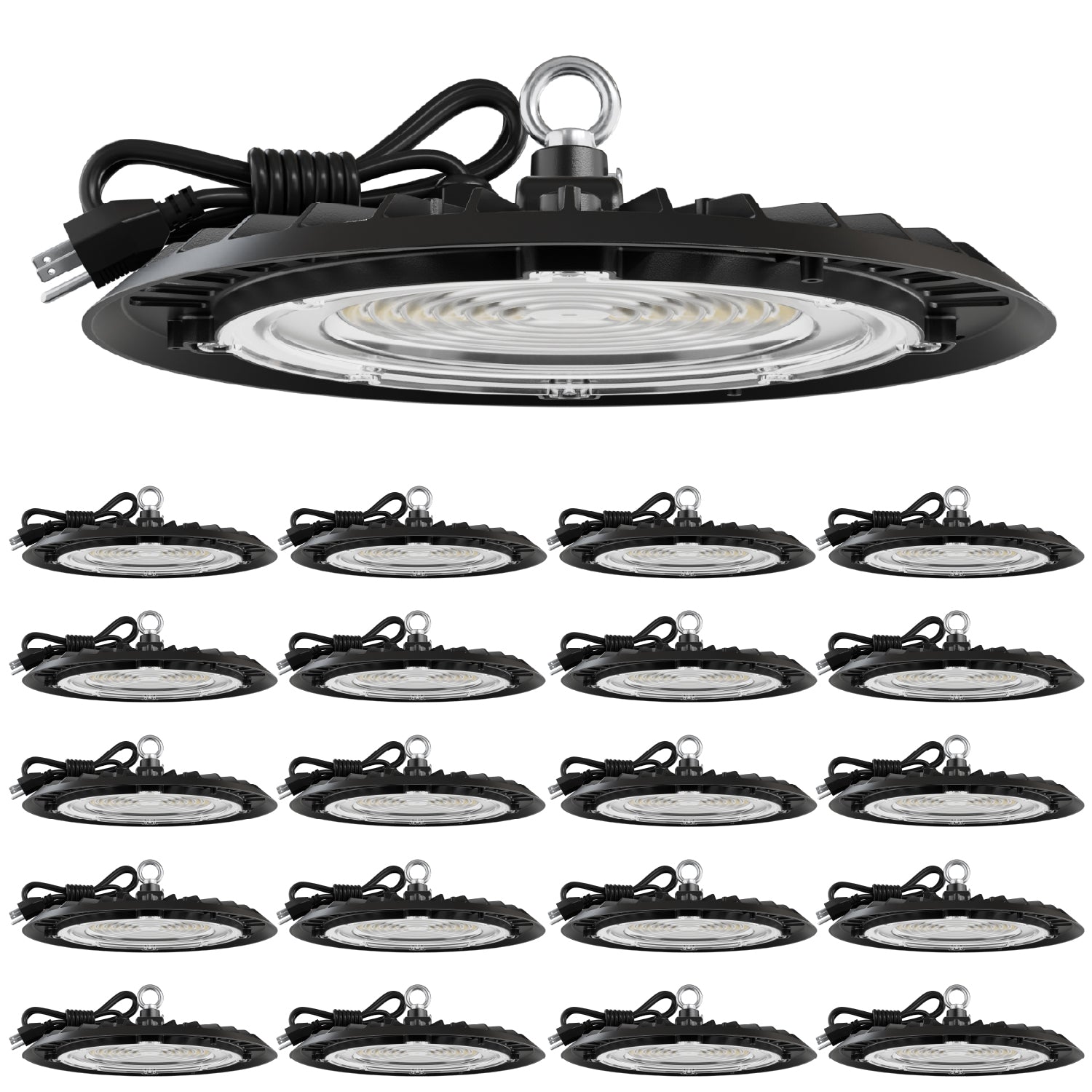 Black UFO high bay LED in foreground with 20 smaller matching lights arranged in a grid.