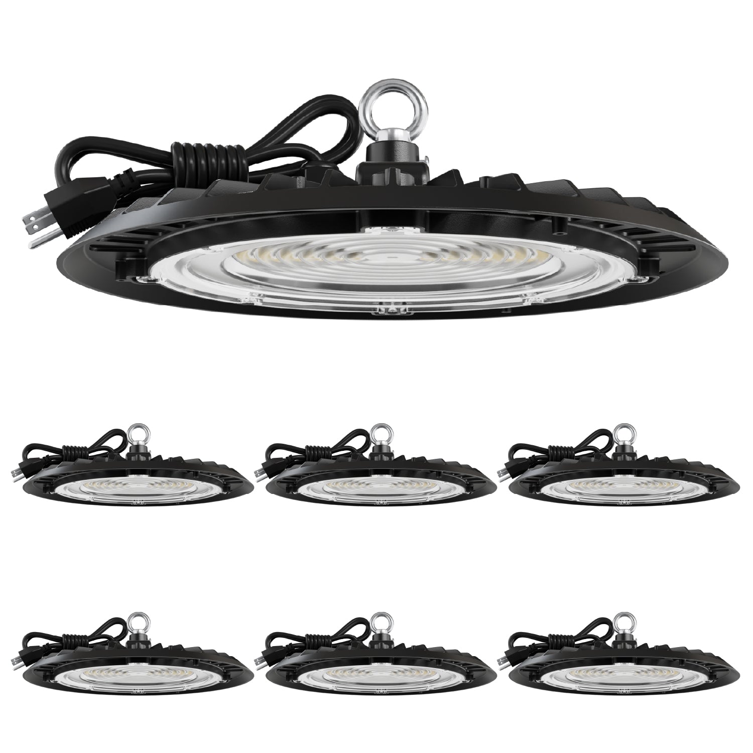  6-pack UFO high bay lights. Black UFO high bay LED in foreground with 6 smaller matching lights arranged below