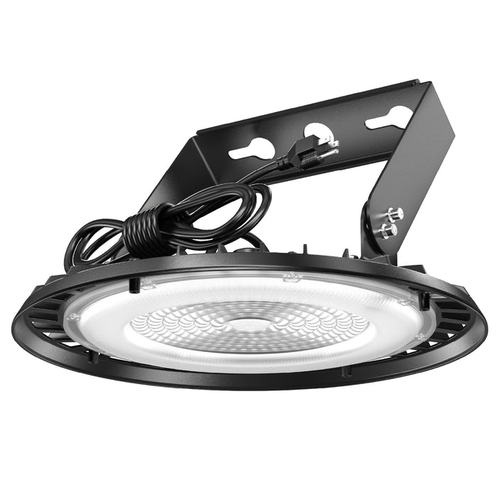 150W plug-and-play UFO high bay LED fixture with U-bracket and power cord on white background