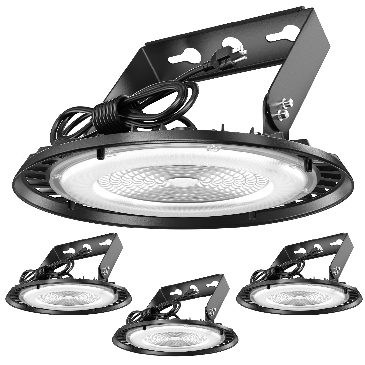 3-pack of plug-and-play 150W UFO high bay LED fixtures with U-brackets on white background.