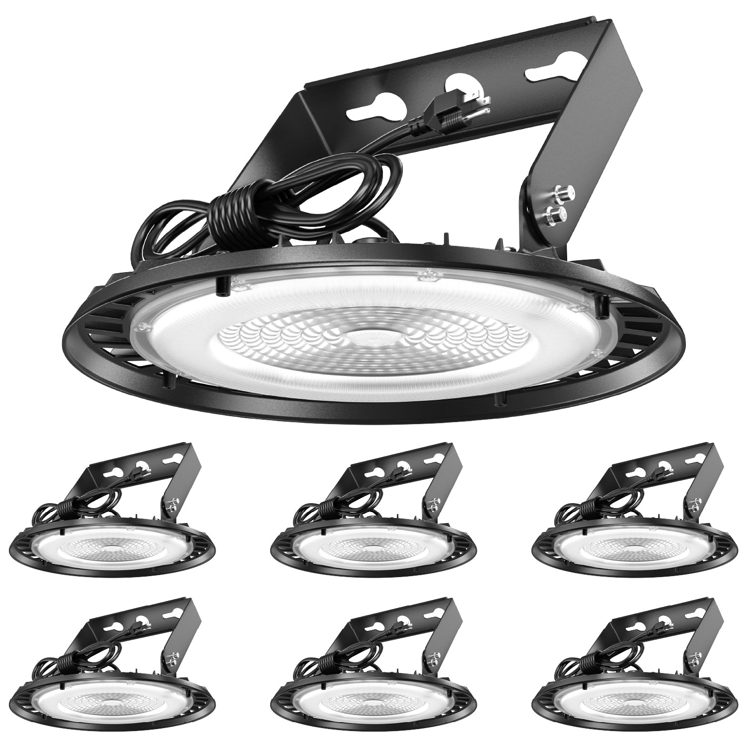 6-pack of plug-and-play 150W UFO high bay LED fixtures with U-brackets on white background