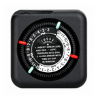 Black mechanical timer with a circular dial and red and green setting tabs