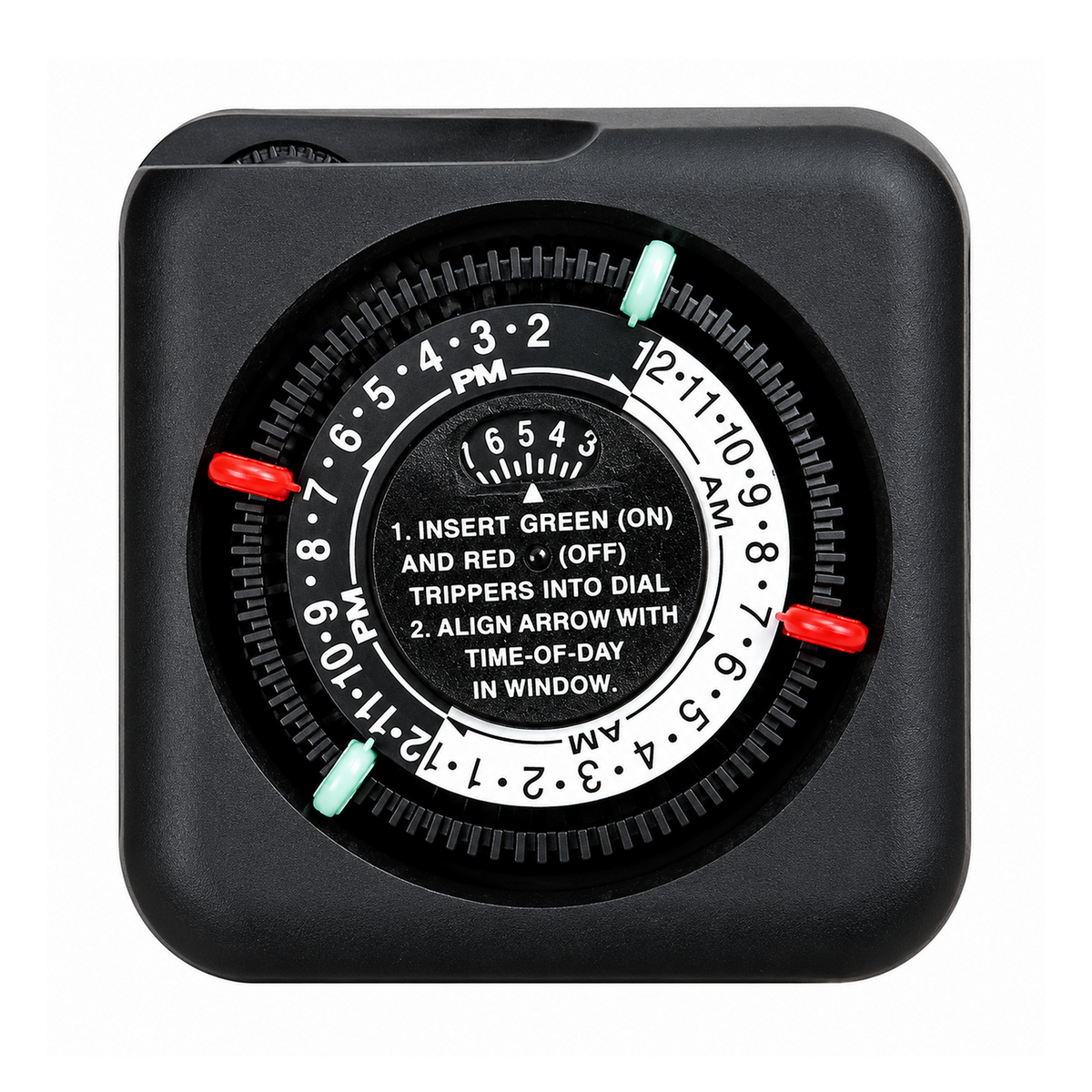 Black mechanical timer with a circular dial and red and green setting tabs