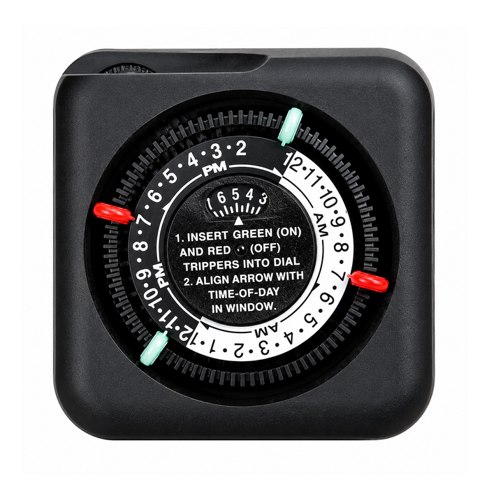 Black mechanical timer with a circular dial and red and green setting tabs