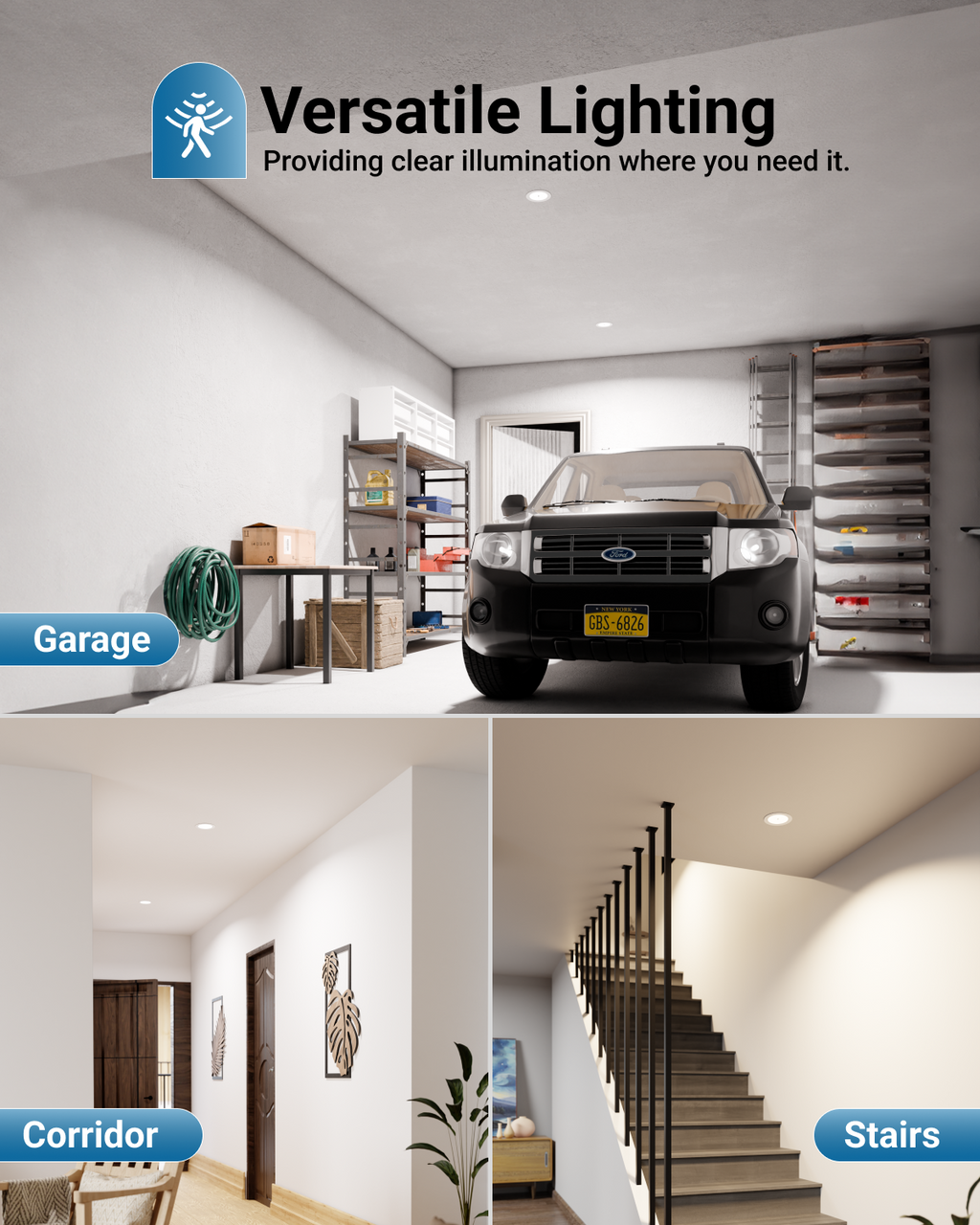 Recessed LED Lighting, 6 Inch, Motion Activated, Slim, Wafer Think, Smooth Trim, Selectable CCT, 1000 Lumens
