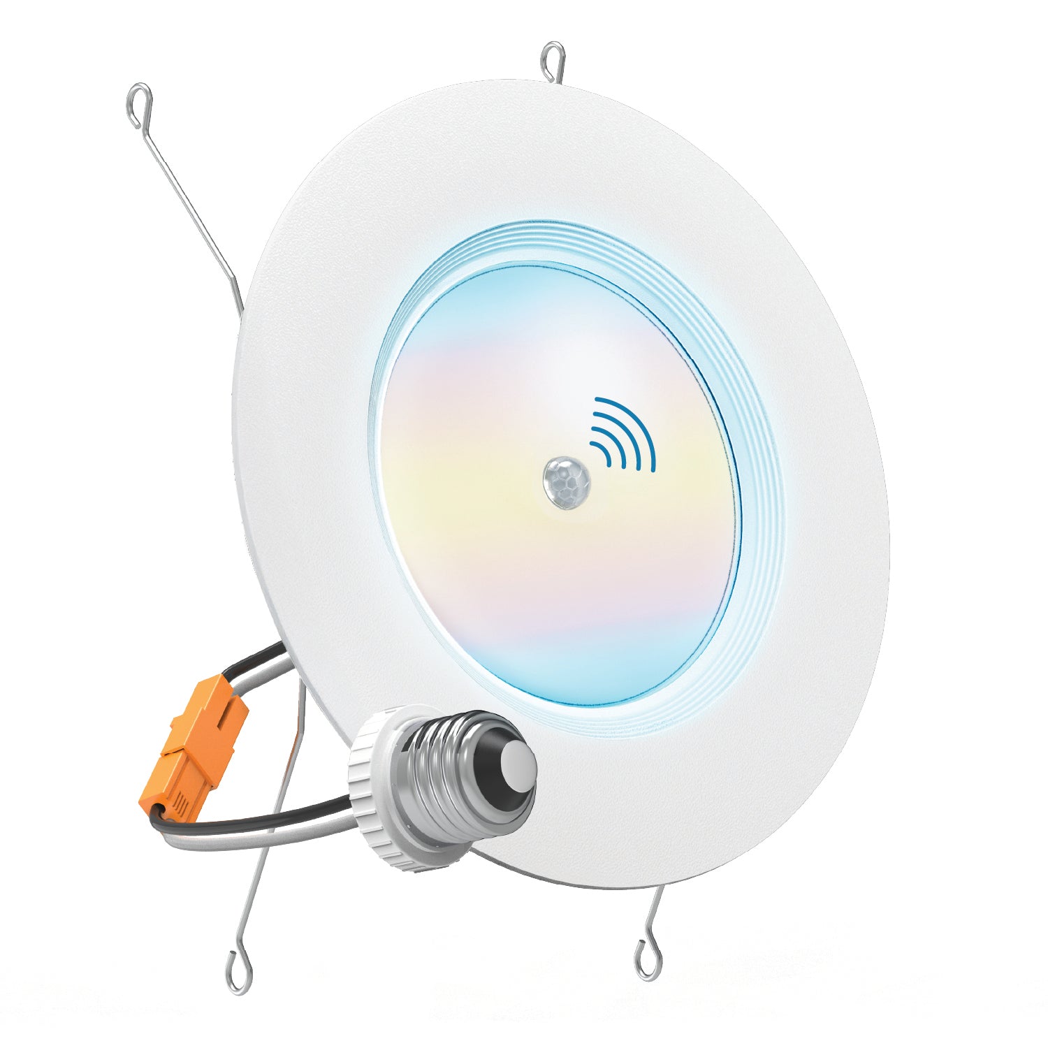 Single white retrofit downlight with PIR motion sensor, E26 adapter, orange connector, and spring clips.