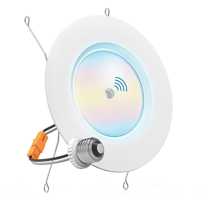 Single white retrofit downlight with PIR motion sensor, E26 adapter, orange connector, and spring clips.