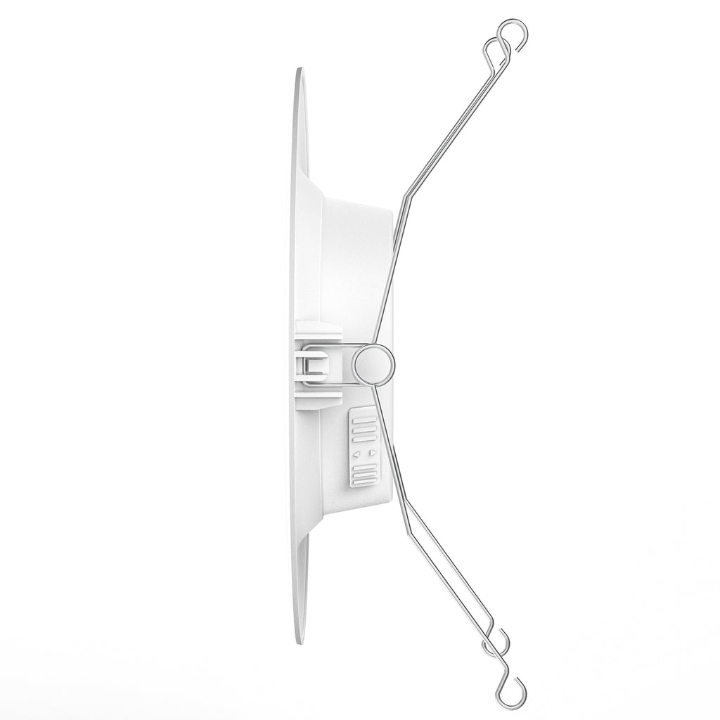 Side view of slim retrofit downlight with spring clips, rear CCT switch, and compact housing.