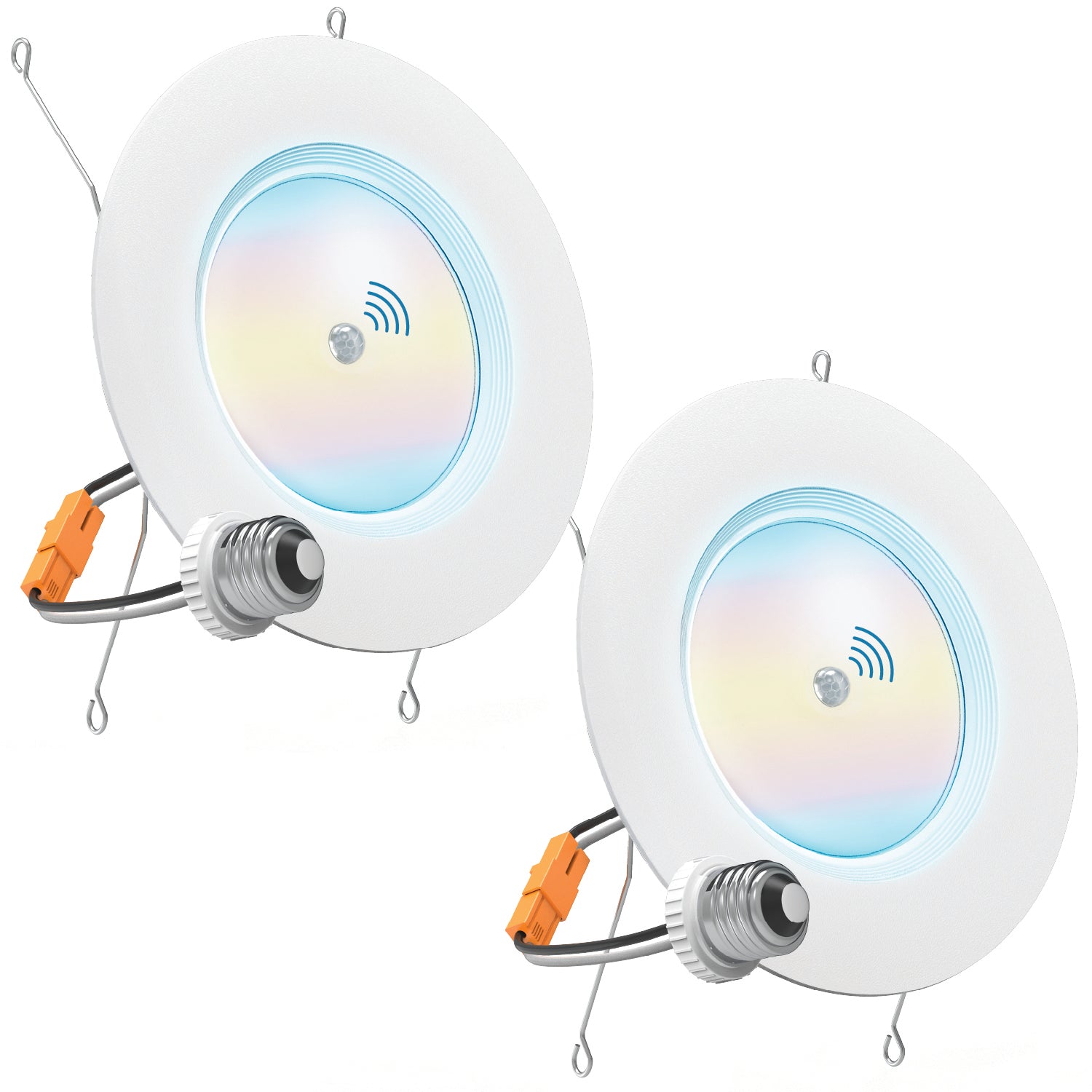 Two white retrofit downlights with E26 adapters, orange connectors, spring clips, and PIR motion sensor icons.
