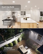A split promotional image showing a dual-use LED bulb in a modern white kitchen (top) and a backyard patio at night (bottom), with text overlays reading 'Dual Use Bulb' and 'Indoor' / 'Outdoor IP65 Rated - Weatherproof'.
