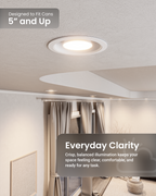 A 5-inch ceiling light fixture installed in a modern home interior, with text overlays reading 'Designed to Fit Cans 5" and Up' and 'Everyday Clarity'.