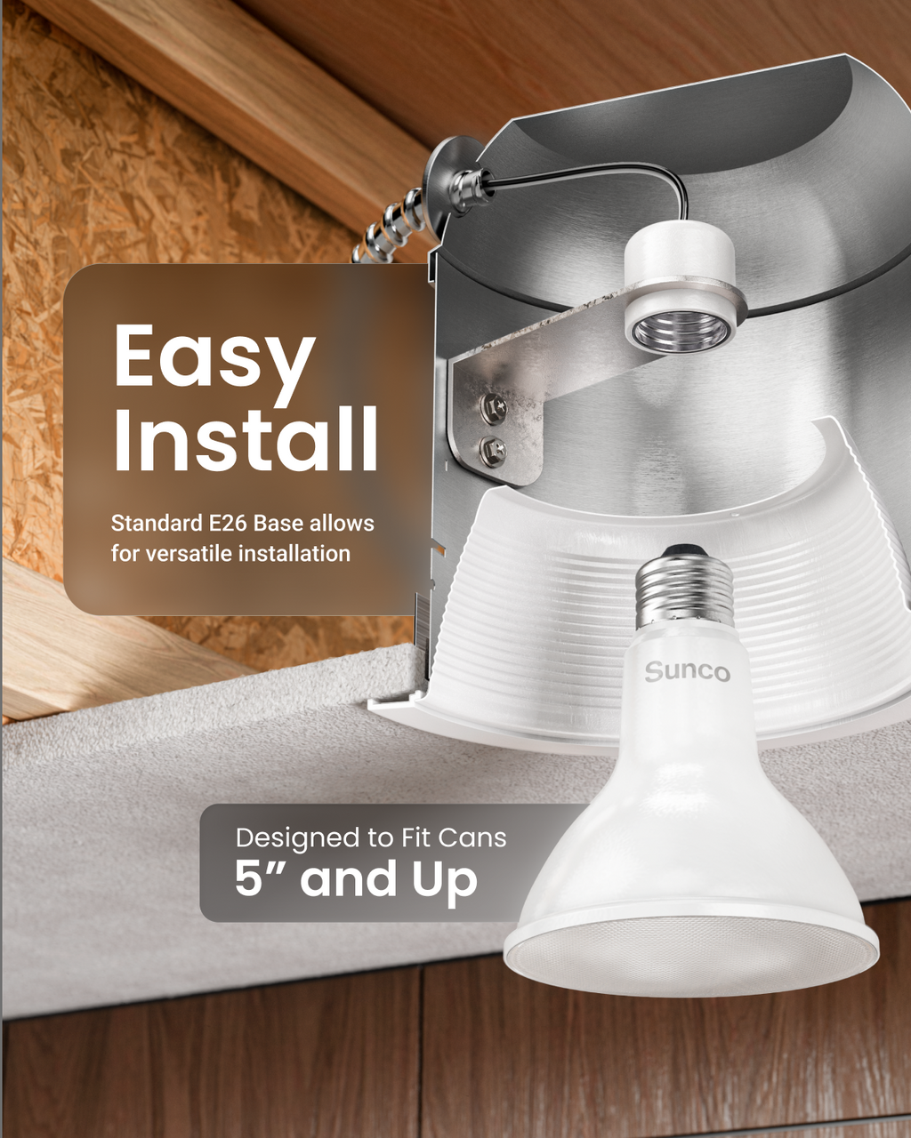 Sunco LED spotlight fixture with a white ribbed shade and a visible Sunco bulb, shown mounted against a wood-paneled wall with promotional text reading 'Easy Install' and 'Designed to Fit Cans 5" and Up'.