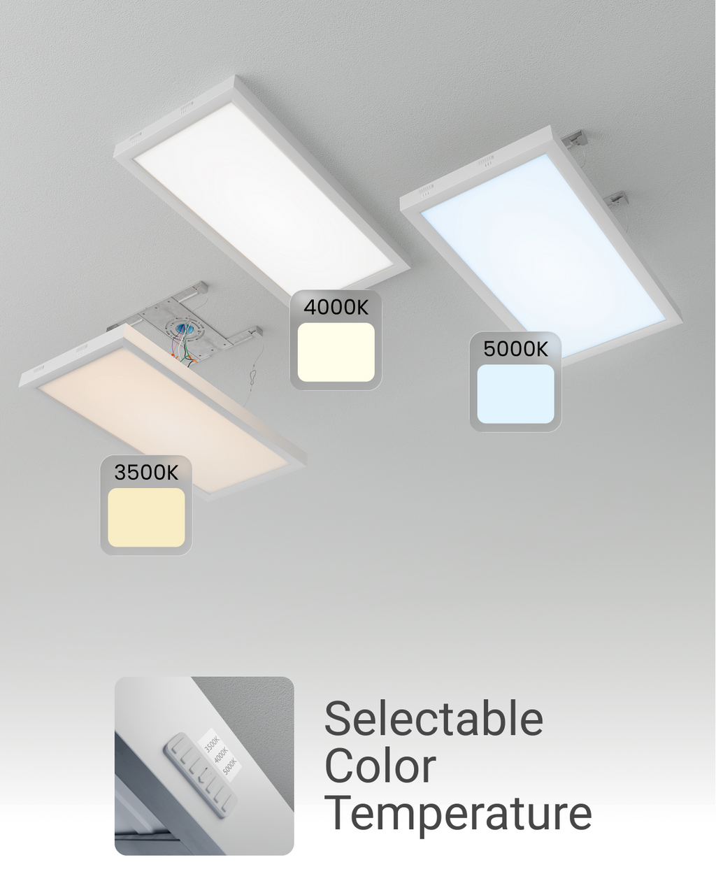 LED Ceiling Panel Light, 20W/18W/16W, 1x2, Selectable CCT, 2000 Lumens