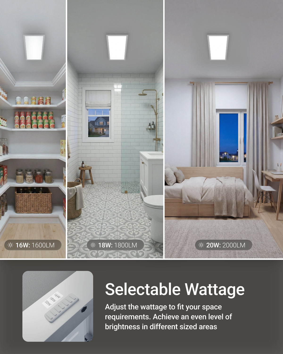 LED Ceiling Panel Light, 20W/18W/16W, 1x2, Selectable CCT, 2000 Lumens