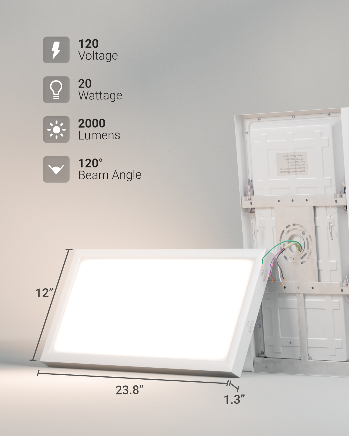 LED Ceiling Panel Light, 20W/18W/16W, 1x2, Selectable CCT, 2000 Lumens