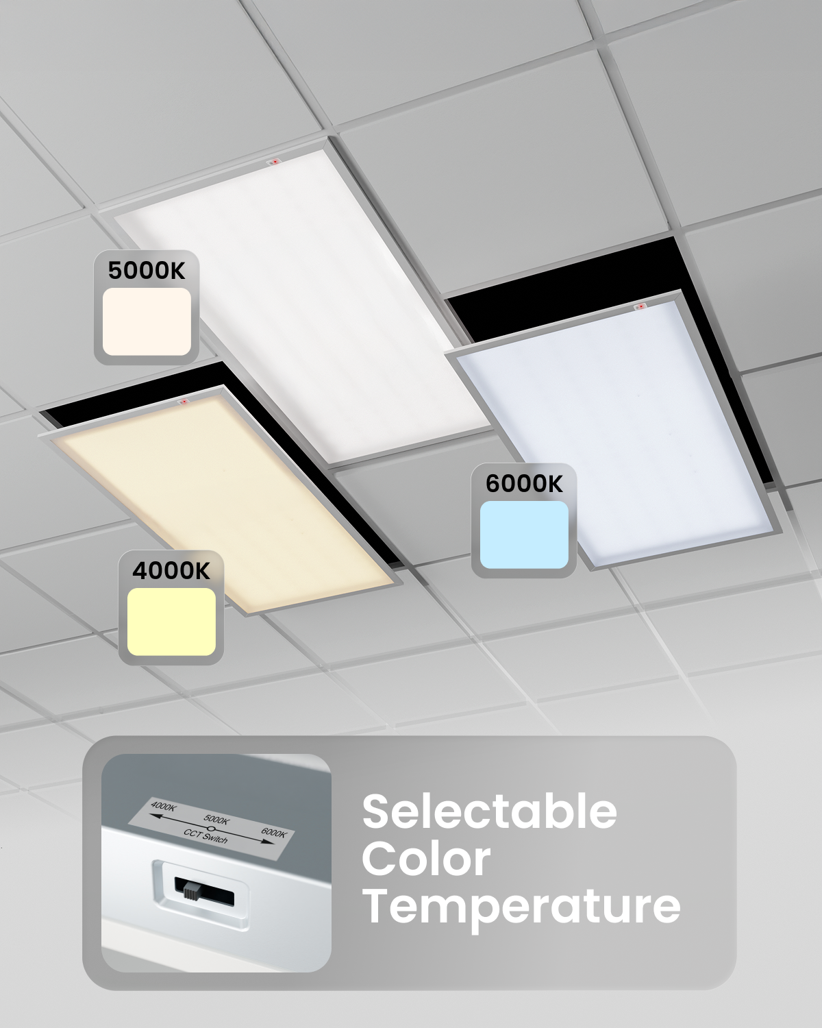 LED Ceiling Panel Light with Emergency Battery, 50W/40W/30W, 2x4, Selectable CCT & Wattage, 6400 Lumens