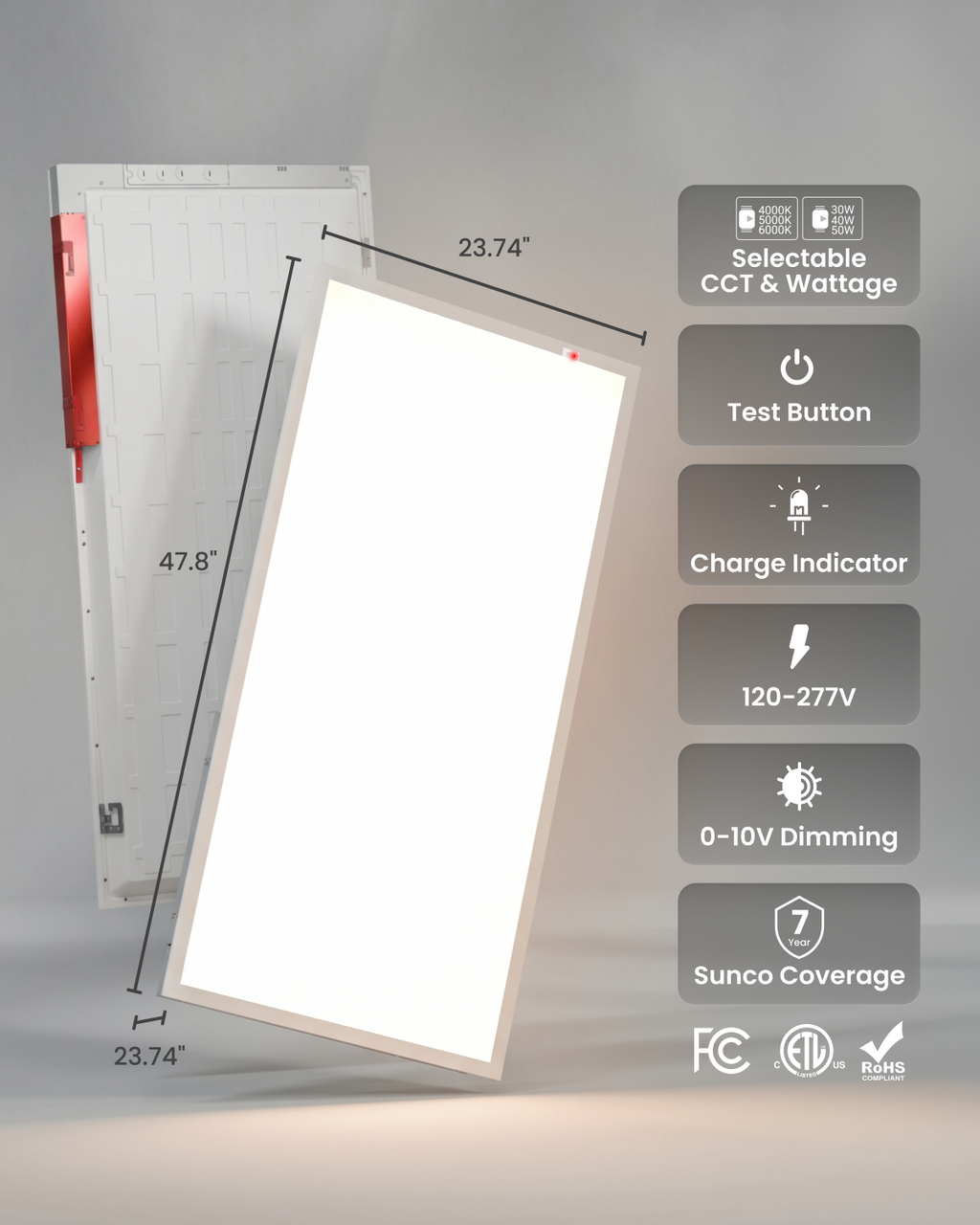 LED Ceiling Panel Light with Emergency Battery, 50W/40W/30W, 2x4, Selectable CCT & Wattage, 6400 Lumens