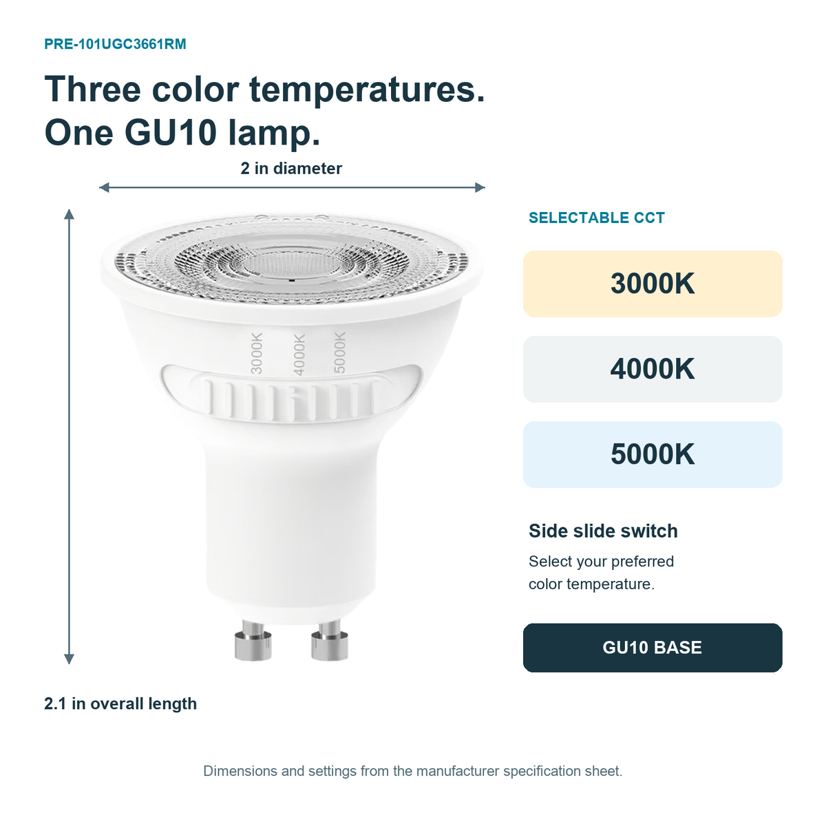 PRE-101UGC3661RM dimensions and selectable 3000K 4000K 5000K color temperatures
