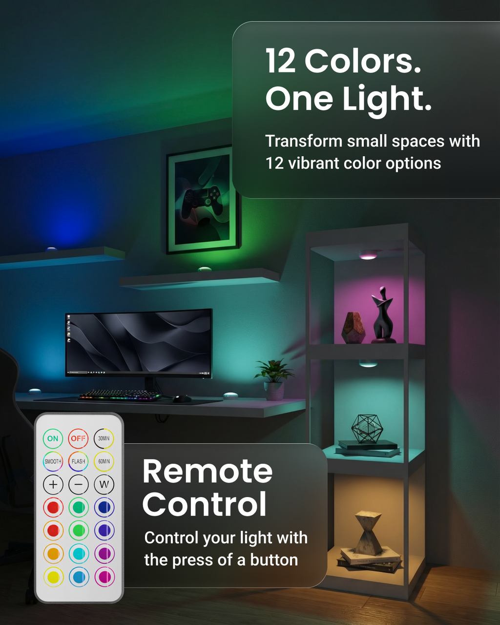 Rechargeable RGB LED Puck Lights with Remote, 35 Lumens