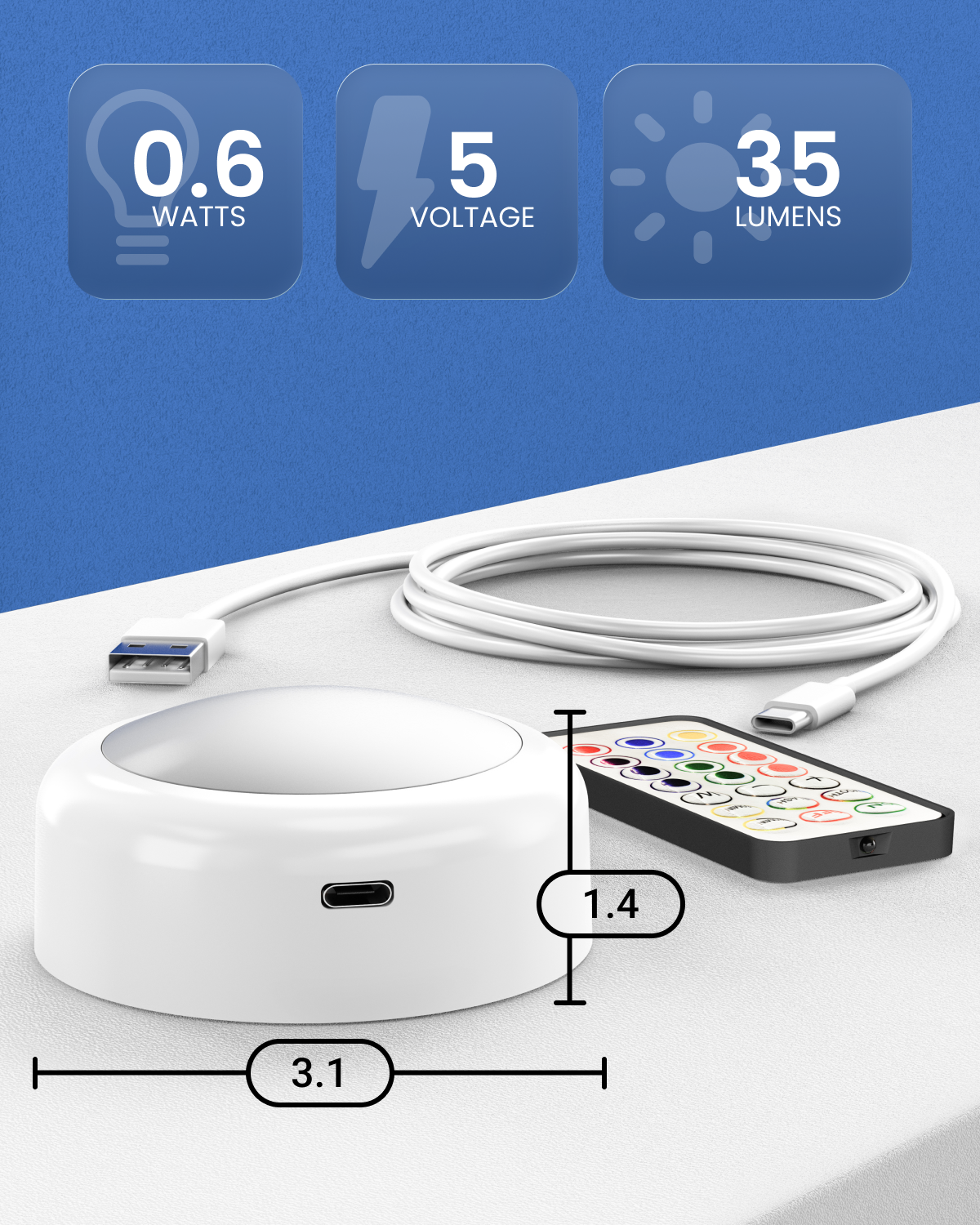 Rechargeable RGB LED Puck Lights with Remote, 35 Lumens