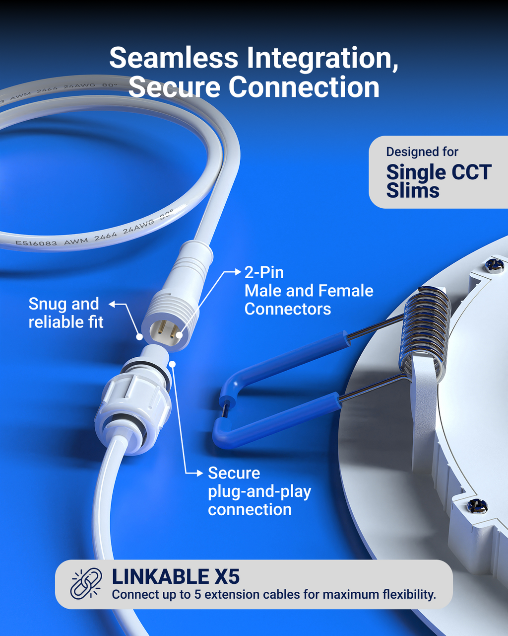 Expand your reach by connecting up to 5 extension cables.