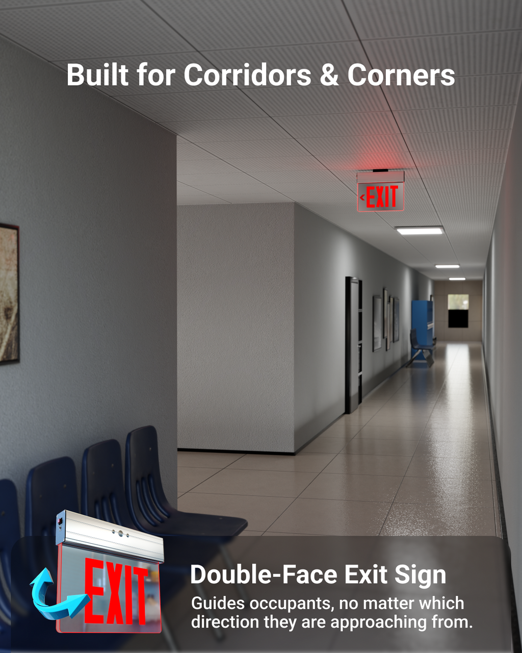 The exit sign enhances safety and guides occupants to exits during emergencies.