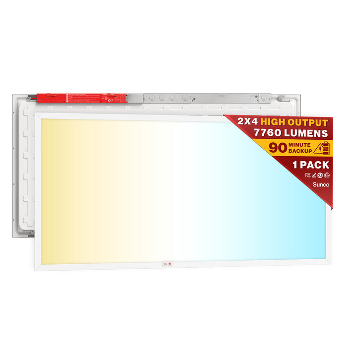 Single high output 2x4 LED panel with red emergency driver, 7760 lumens, and 90 minute backup.