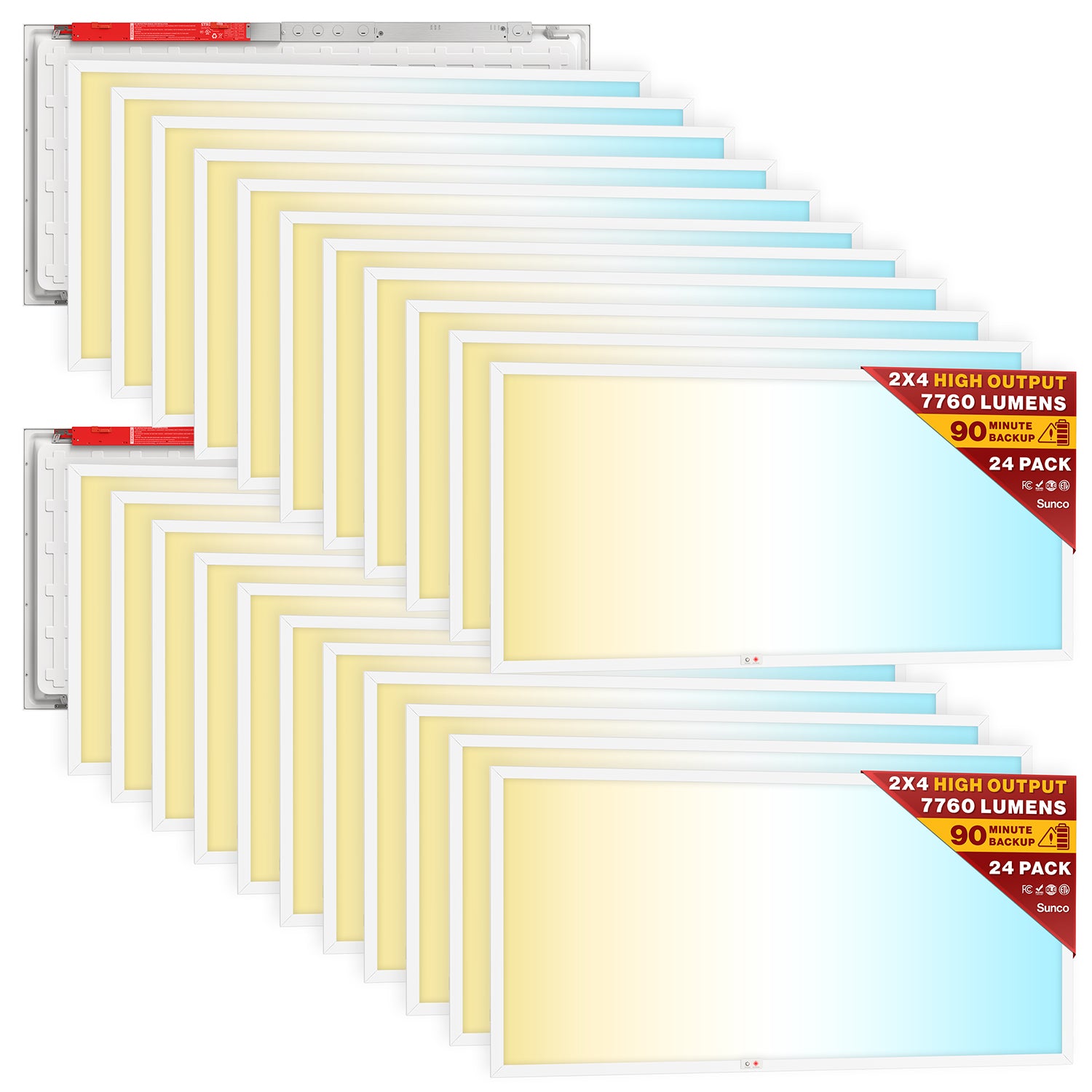 Twenty four high output 2x4 LED panels with red emergency drivers, 7760 lumens, and 90 minute backup.