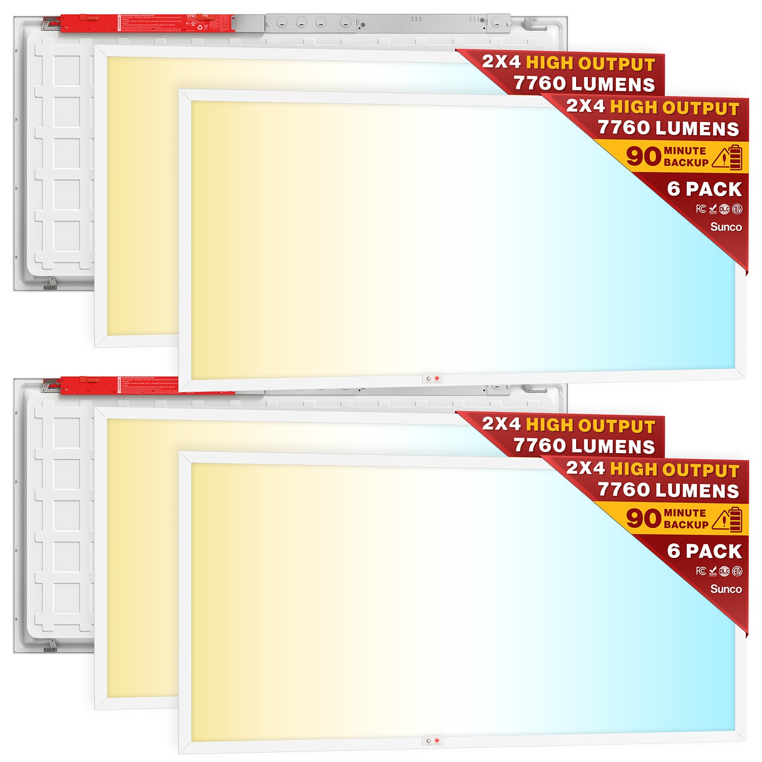 Six high output 2x4 LED panels with red emergency drivers, 7760 lumens, and 90 minute backup.