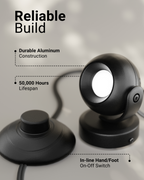 Black lamp with text highlighting durable aluminum construction, 50,000-hour lifespan, and in-line hand/foot on-off switch.
