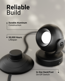 Black lamp with text highlighting durable aluminum construction, 50,000-hour lifespan, and in-line hand/foot on-off switch.