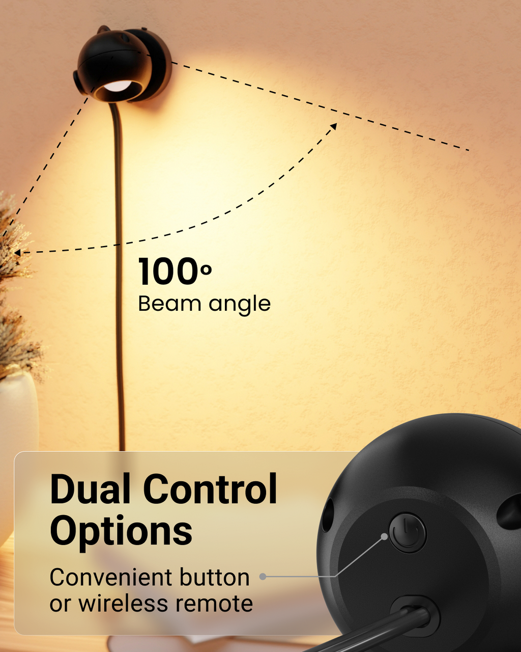 Light fixture with beam angle and control options labeled on a warm background