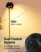 Light fixture with beam angle and control options labeled on a warm background
