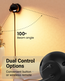 Light fixture with beam angle and control options labeled on a warm background