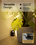 Light fixture with plant on a surface, highlighting features like 360-degree rotation and in-line switch.