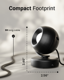 Black spherical lamp with measurements and cable length on a neutral background