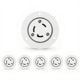 Set of six white socket covers with black markings on a white background
