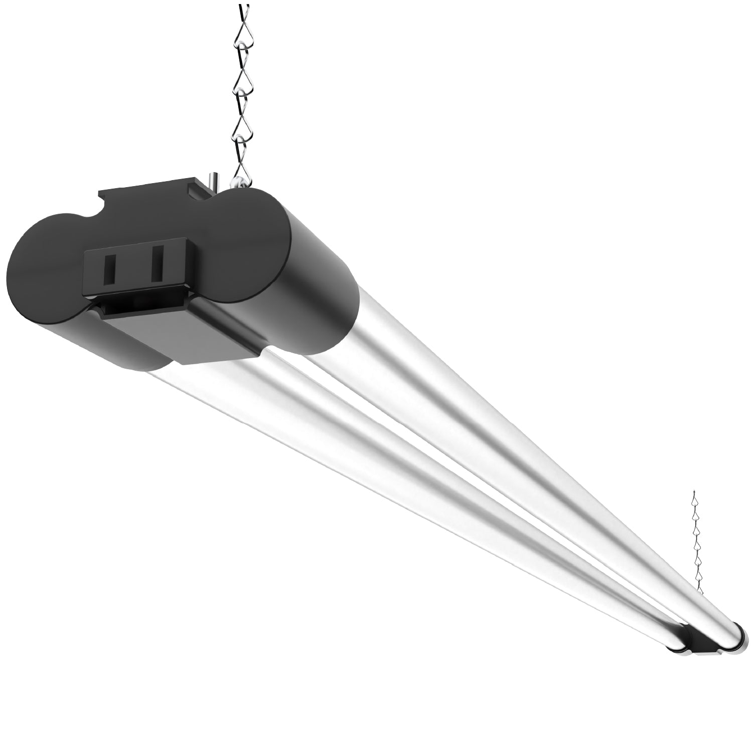 Single black 40W LED shop light hanging by chains with dual tube design and built-in end cap.